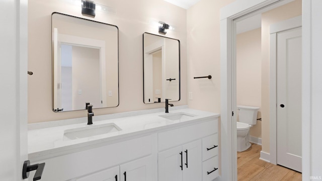 bathroom featuring toilet, double vanity, a sink, and wood finished floors