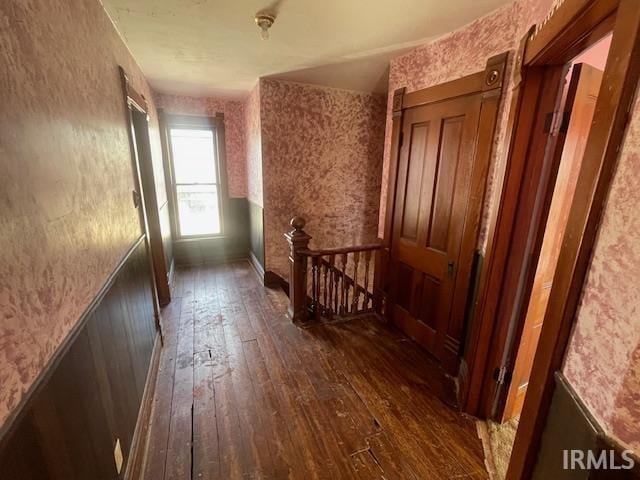 corridor with dark wood-style flooring, an upstairs landing, and wallpapered walls