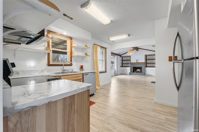 kitchen with stainless steel appliances, a fireplace, a sink, vaulted ceiling, and light wood-type flooring