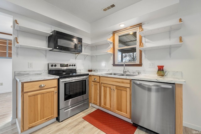 kitchen featuring visible vents, stainless steel appliances, light wood-type flooring, open shelves, and a sink