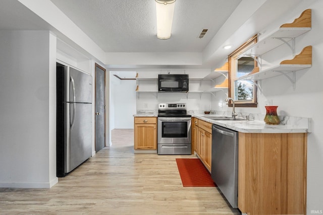 kitchen featuring stainless steel appliances, a sink, light countertops, light wood-type flooring, and open shelves