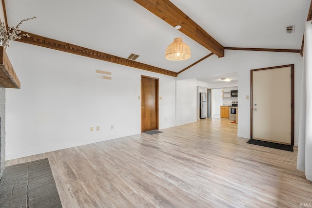 unfurnished living room with vaulted ceiling with beams, light wood-style flooring, visible vents, and baseboards