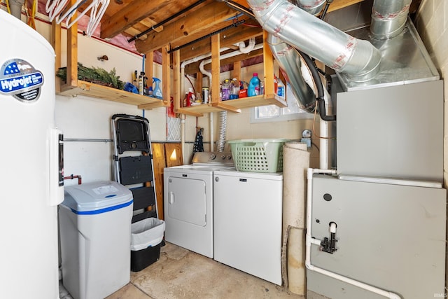 laundry room featuring heating unit, water heater, and washing machine and clothes dryer