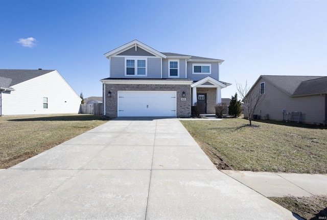 view of front of property with an attached garage, concrete driveway, brick siding, and a front yard