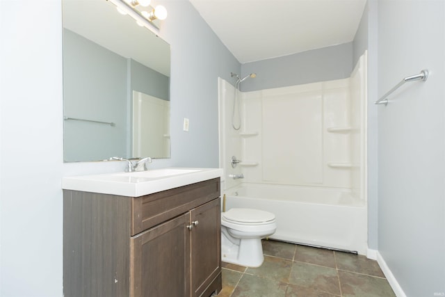 full bath featuring toilet, shower / bath combination, baseboards, and vanity