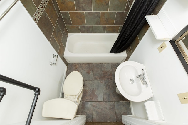 full bathroom featuring toilet, a shower with curtain, and a sink