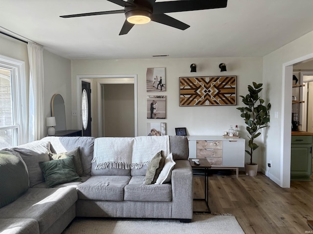 living area featuring a ceiling fan and wood finished floors