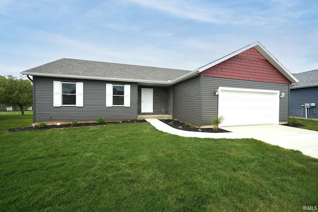 ranch-style home featuring a front yard, roof with shingles, driveway, and an attached garage