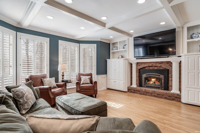 living room featuring a fireplace, coffered ceiling, beam ceiling, and built in features