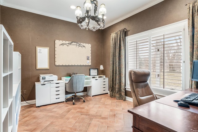 office area featuring ornamental molding, baseboards, and an inviting chandelier