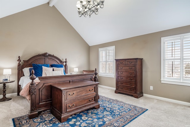 bedroom featuring light carpet, baseboards, beamed ceiling, an inviting chandelier, and high vaulted ceiling