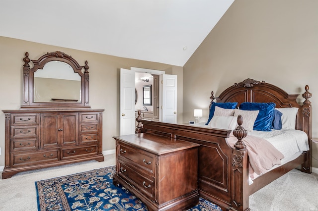 bedroom featuring lofted ceiling, carpet flooring, and baseboards