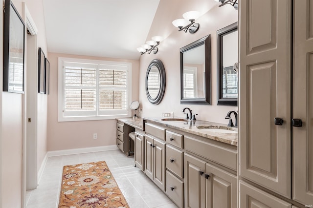 full bathroom featuring double vanity, a sink, and a healthy amount of sunlight