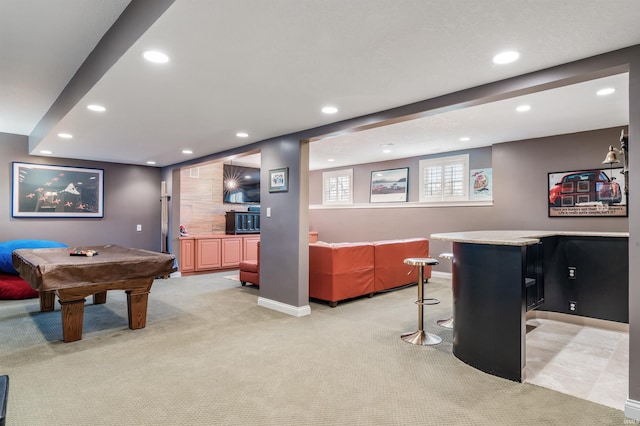 rec room featuring recessed lighting, light carpet, billiards, and baseboards