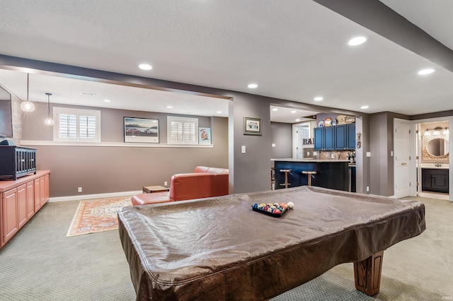 playroom with light carpet, baseboards, pool table, indoor wet bar, and recessed lighting