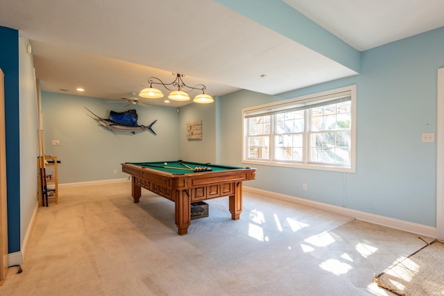 rec room with baseboards, recessed lighting, billiards, and light colored carpet