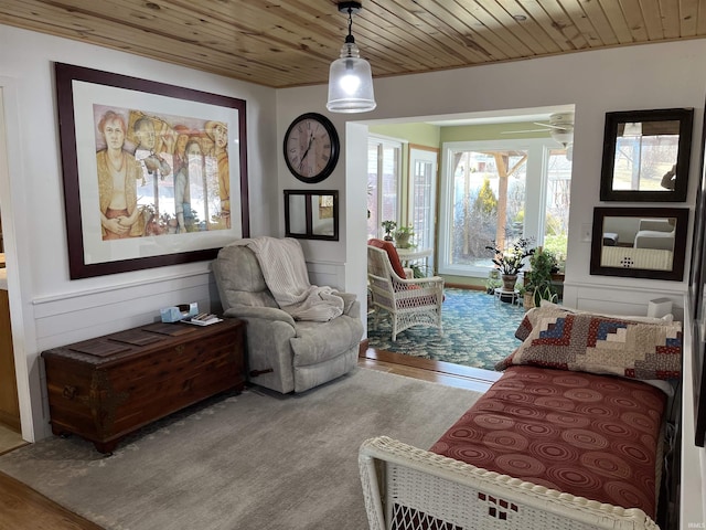 sitting room featuring wooden ceiling and wood finished floors