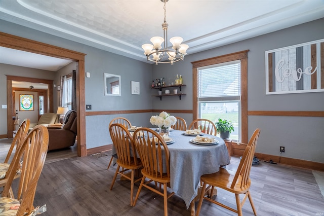 dining space with a chandelier, a tray ceiling, wood finished floors, and baseboards