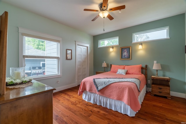 bedroom with a closet, multiple windows, wood finished floors, and baseboards