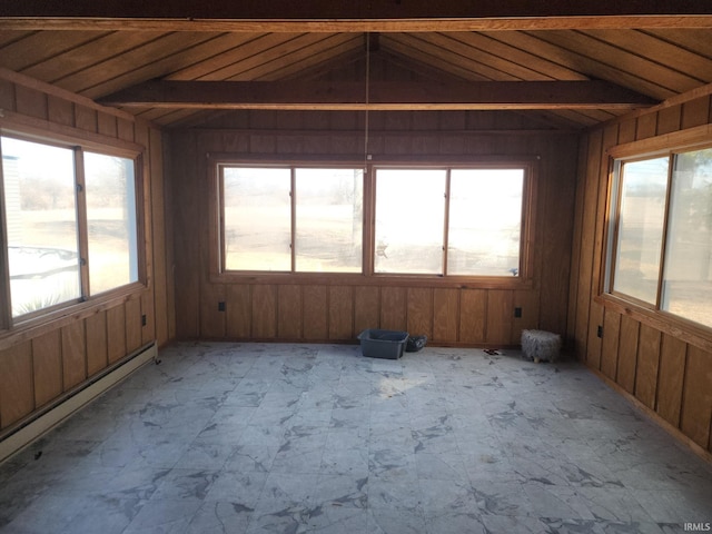 unfurnished sunroom featuring vaulted ceiling and baseboard heating