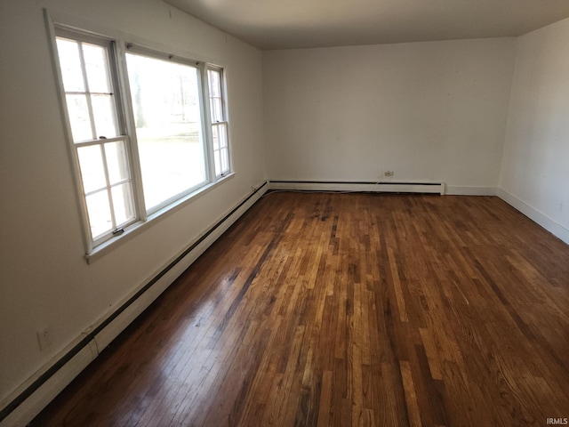 unfurnished room featuring dark wood-type flooring, baseboard heating, and baseboards