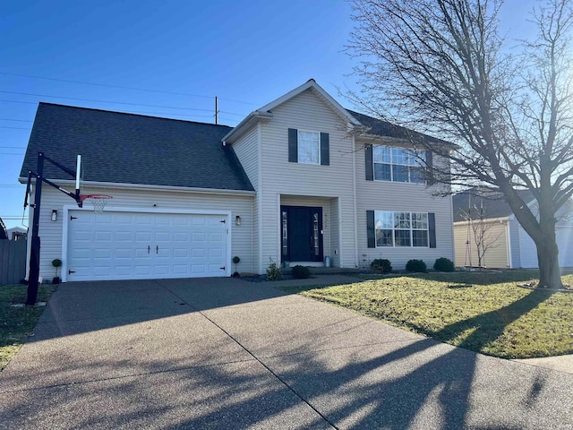 traditional home with a garage, driveway, a front lawn, and a shingled roof