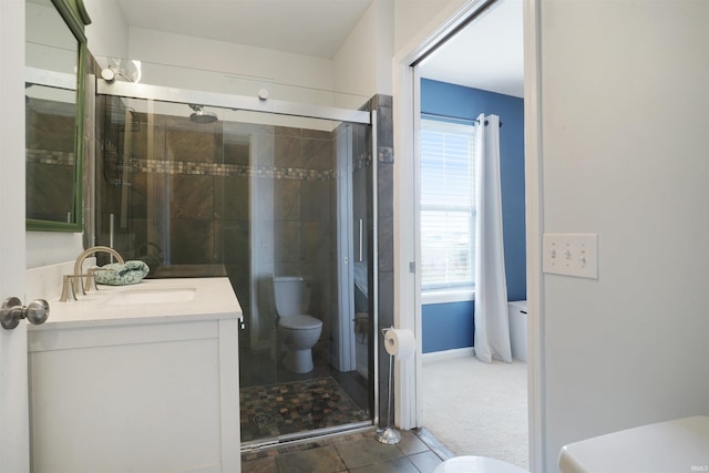 bathroom with toilet, a shower stall, and vanity