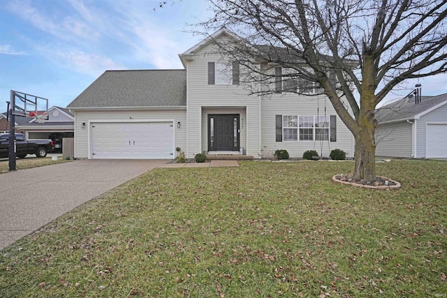 view of front of house featuring an attached garage, a shingled roof, concrete driveway, and a front yard