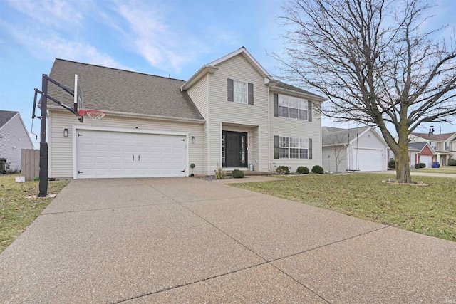 view of front of home with a front lawn, driveway, a shingled roof, and an attached garage