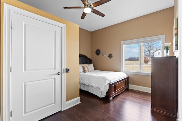 bedroom featuring dark wood-style floors, ceiling fan, and baseboards