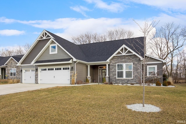 craftsman-style home with stone siding, roof with shingles, driveway, and a front lawn