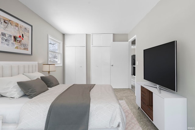 carpeted bedroom featuring multiple closets