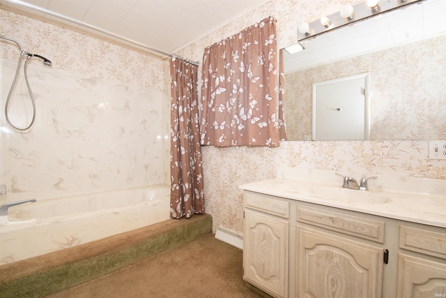 full bathroom featuring ornamental molding, shower / bath combo with shower curtain, vanity, and wallpapered walls