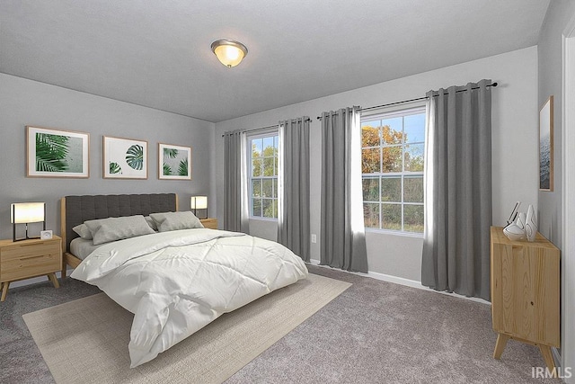 carpeted bedroom featuring multiple windows and baseboards