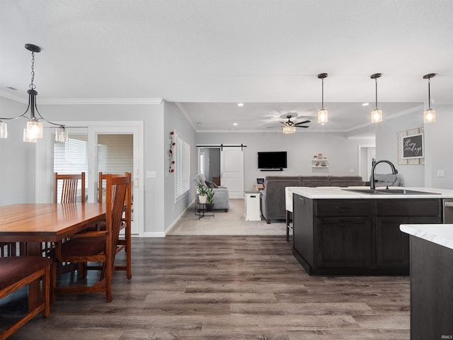 kitchen with a barn door, dark wood finished floors, ceiling fan, light countertops, and a sink