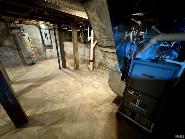 unfinished basement with gas water heater and electric panel