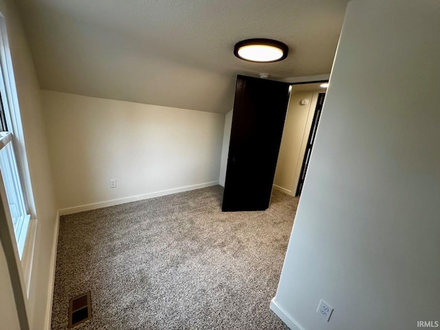 additional living space featuring baseboards, visible vents, lofted ceiling, a textured ceiling, and carpet flooring