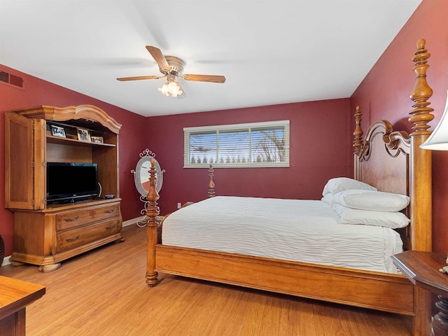 bedroom featuring ceiling fan, light wood finished floors, and visible vents