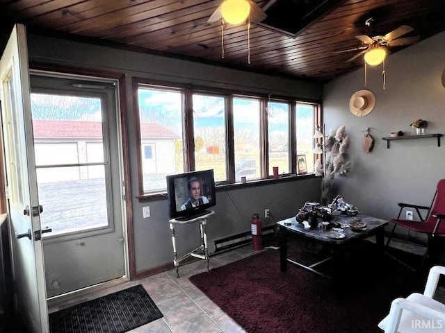 sunroom / solarium featuring wooden ceiling and ceiling fan