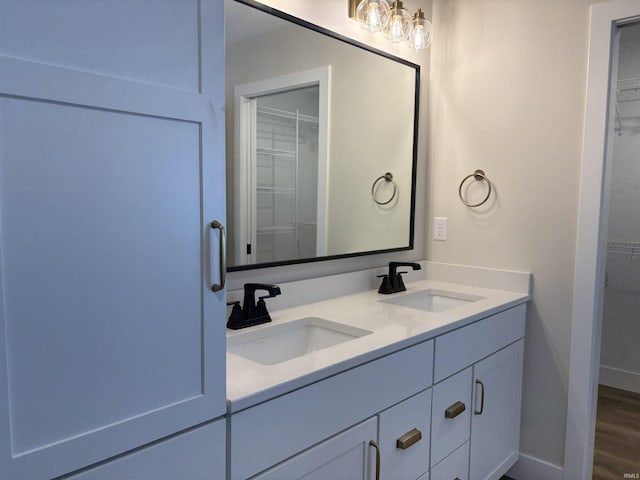 full bathroom with double vanity, a spacious closet, baseboards, and a sink