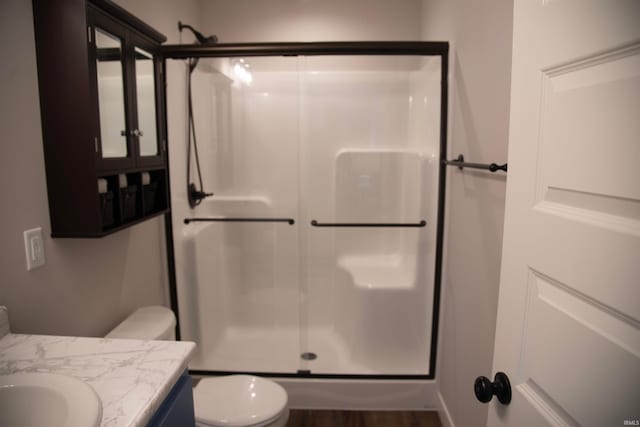 full bathroom featuring toilet, a shower stall, and vanity