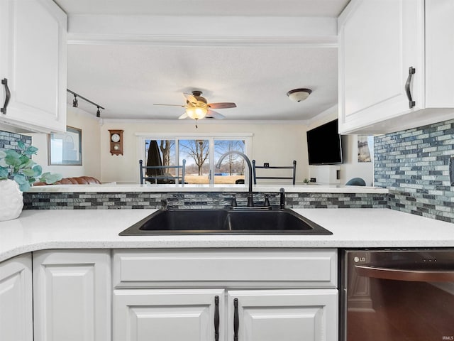 kitchen with a sink, a healthy amount of sunlight, tasteful backsplash, and stainless steel dishwasher