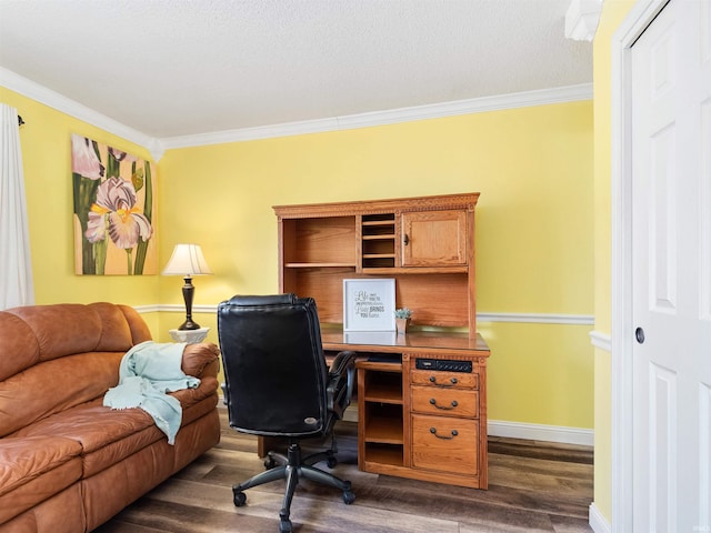 home office featuring dark wood-style floors, a textured ceiling, baseboards, and crown molding