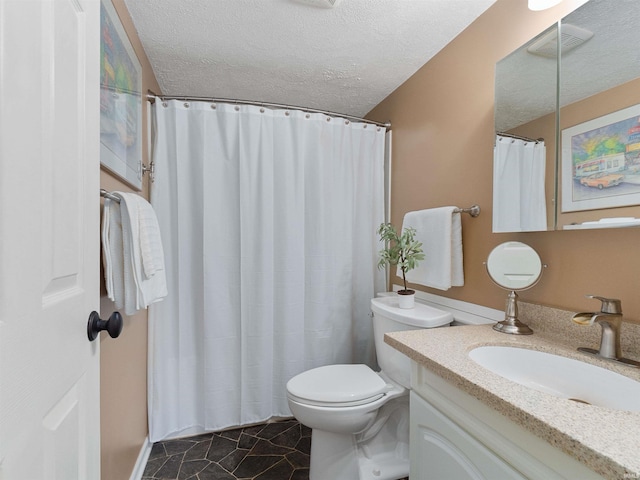 bathroom featuring a textured ceiling, curtained shower, toilet, vanity, and visible vents