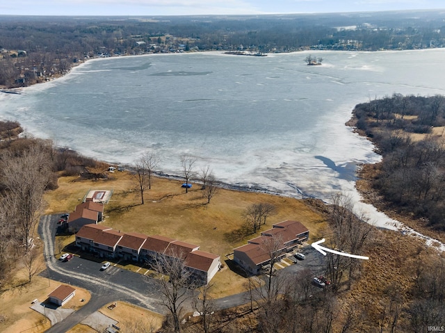 bird's eye view with a forest view and a water view