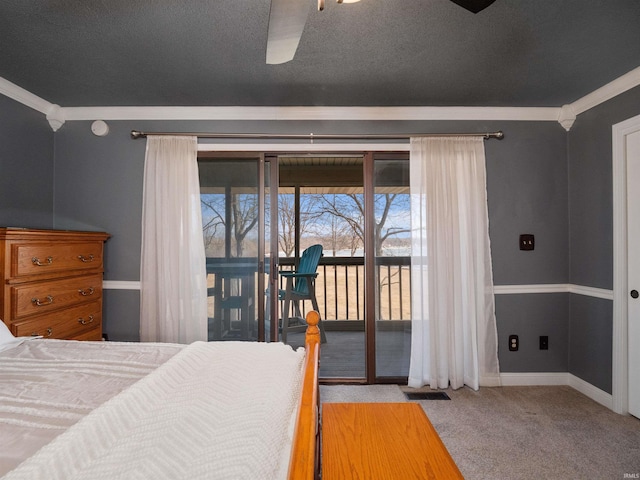 bedroom featuring crown molding, carpet floors, visible vents, and access to exterior