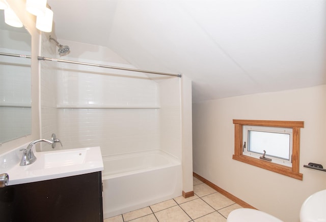 bathroom with toilet, lofted ceiling, vanity, tile patterned flooring, and shower / bathtub combination