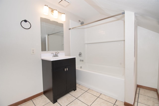 bathroom featuring shower / tub combination, vanity, baseboards, and tile patterned floors