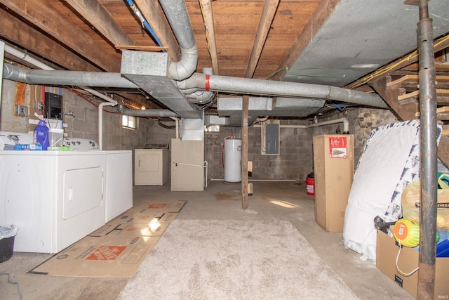 unfinished below grade area with electric panel, heating unit, water heater, and washer and clothes dryer