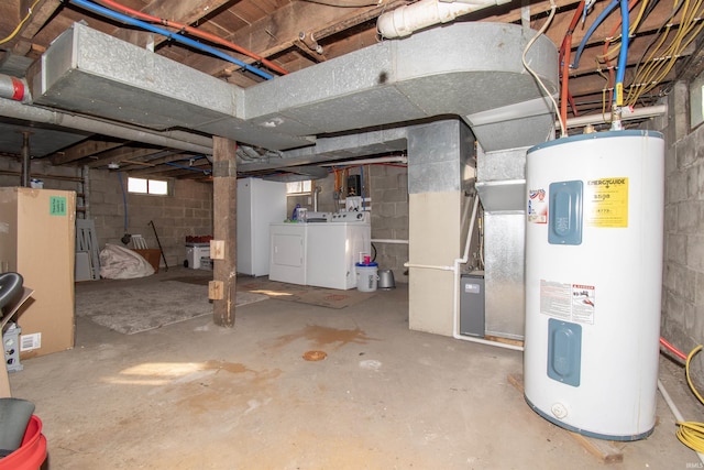 below grade area featuring washer and clothes dryer and electric water heater